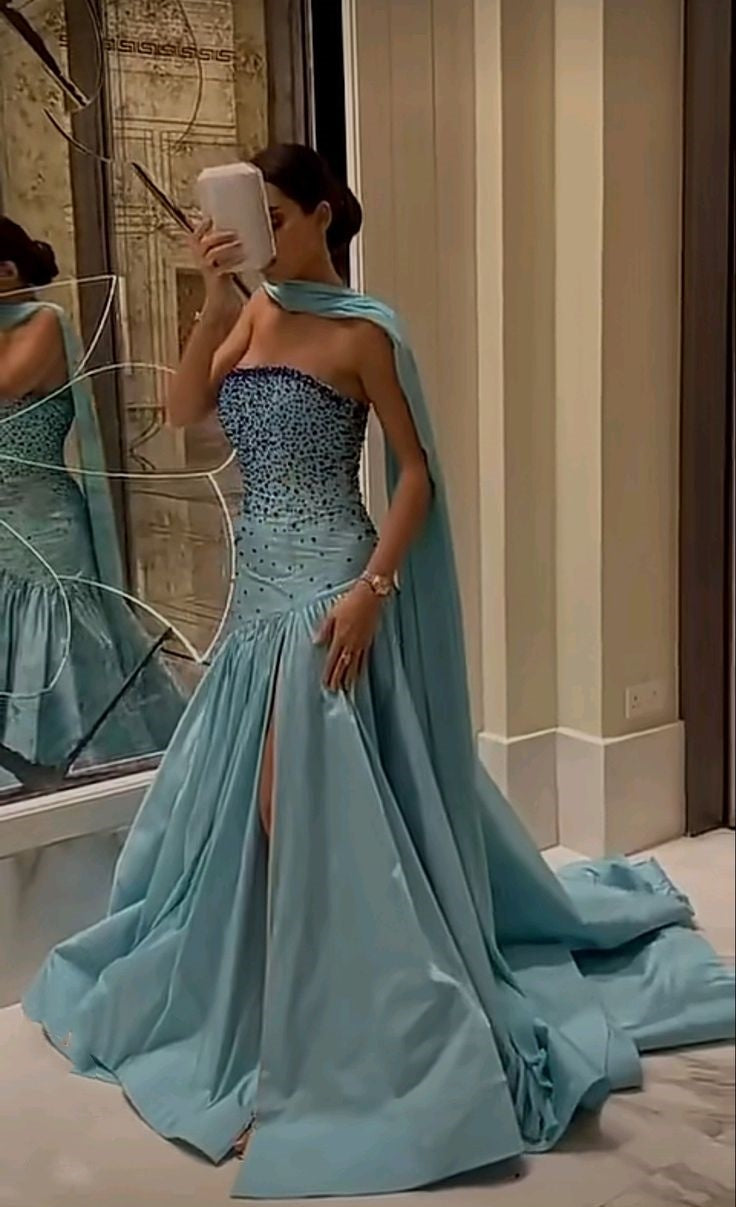 Blaues wunderschönes elegantes sexy Tube-Top mit Schleife und Strasssteinen, langer Schlitz, Ballkleid, Abendkleid, Partykleid, NV2405
