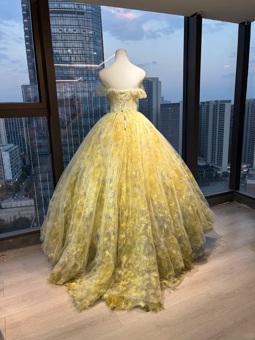 Pale Yellow Off Shoulder Floral Ball Gown, 3D Petal Appliques Tulle Long Formal Evening Prom Dress for Women NV7036