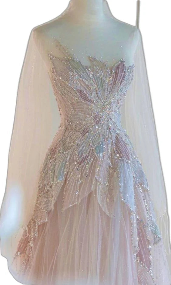 Rosa süßes funkelndes schulterfreies, langes, elegantes Tüll-Abschlussballkleid mit Perlenbesatz, Abendkleid nv3475