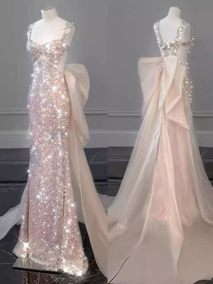 Rosa wunderschöne funkelnde hübsche Meerjungfrau Ballkleid mit abnehmbarer Schleife lange elegante Pailletten formale Ballkleid Abendkleid Partykleid nv3725