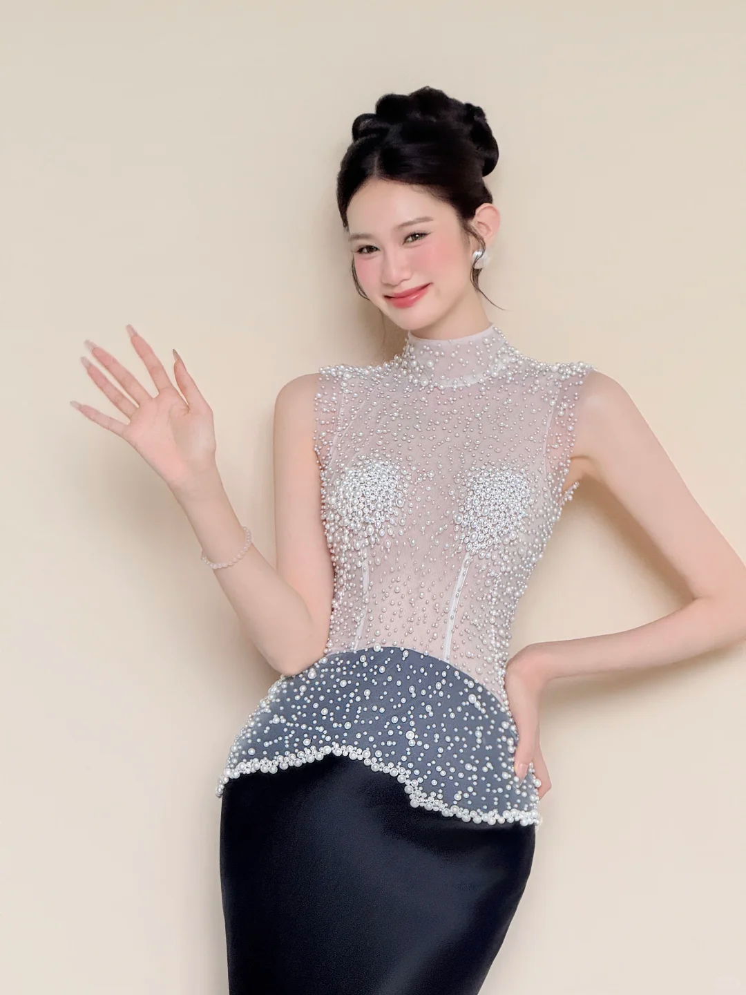 High Neck Sheer Rhinestone Black Satin Mermaid Evening Gown NV7423