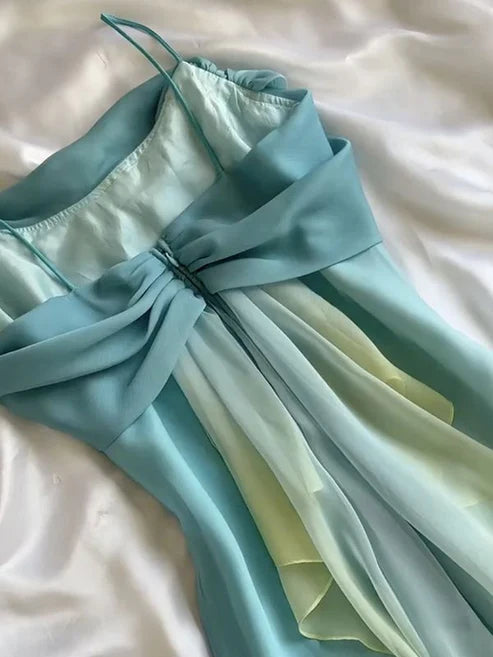 Orange Pink/Teal Unique Long A-Line Spaghetti Strap Ombre Chiffon Evening Gown Party Dress nv4347