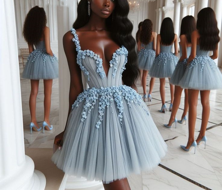 Blaues, zartes, florales Applikations-Kurzes Tüll-Heimkehrkleid, Geburtstagspartykleid, NV5066