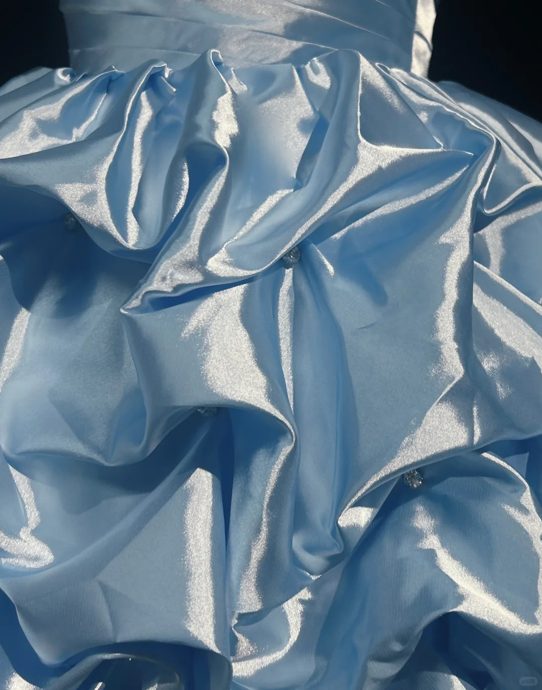 Light Blue Strapless Short Homecoming Dress Ruched Satin Puffy Ruffle Skirt Rhinestone Formal Cocktail Gown NV6907