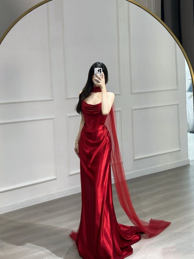 Red Elegant Beautiful Charming Long Satin Mermaid Slim Fit Floor-Length Trailing Ball Gown Evening Gown Party Dress Prom Gown nv3991