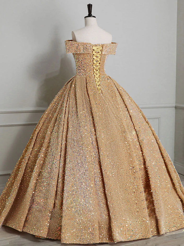 Champagnerfarbenes, schulterfreies, langes Ballkleid mit Pailletten, nv2810
