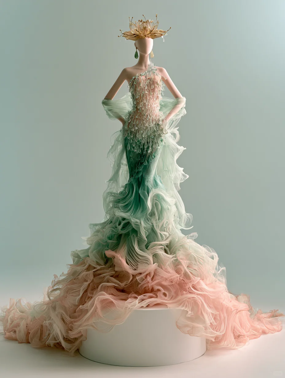 Mint Green Peach Pink Gradient One Shoulder Beaded Mermaid Gown NV7478