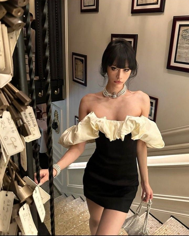 Schwarzes, kurzes Mini-Heimkehrkleid mit Rüschen, Partykleid nv2862