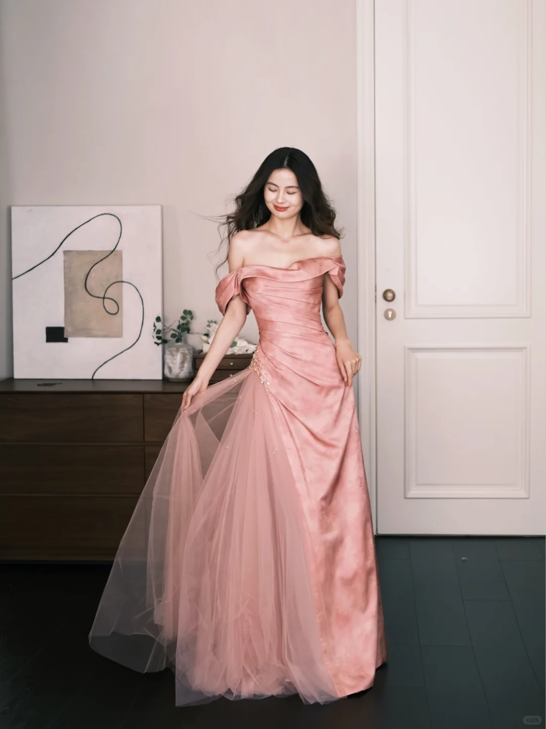 Off Shoulder Dusty Pink Satin Tulle Formal Prom Gown NV7302
