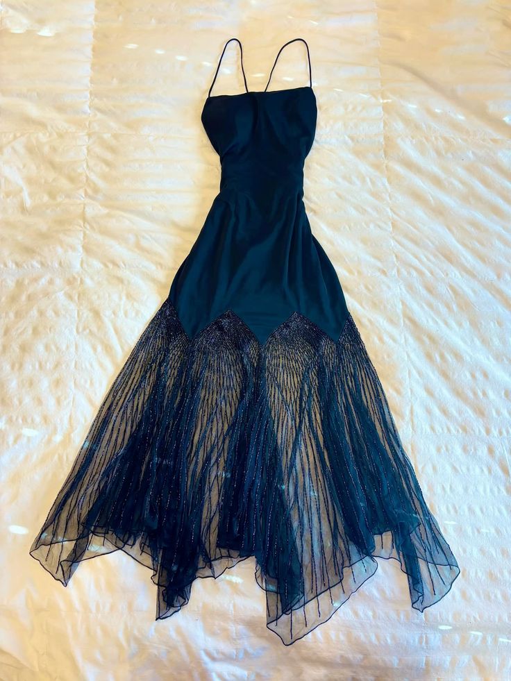 NiceVestidos-_Vintage Deep Sea Blue Spaghetti Strap Bead-Embroidered Asymmetric Long Evening Gown NV5932