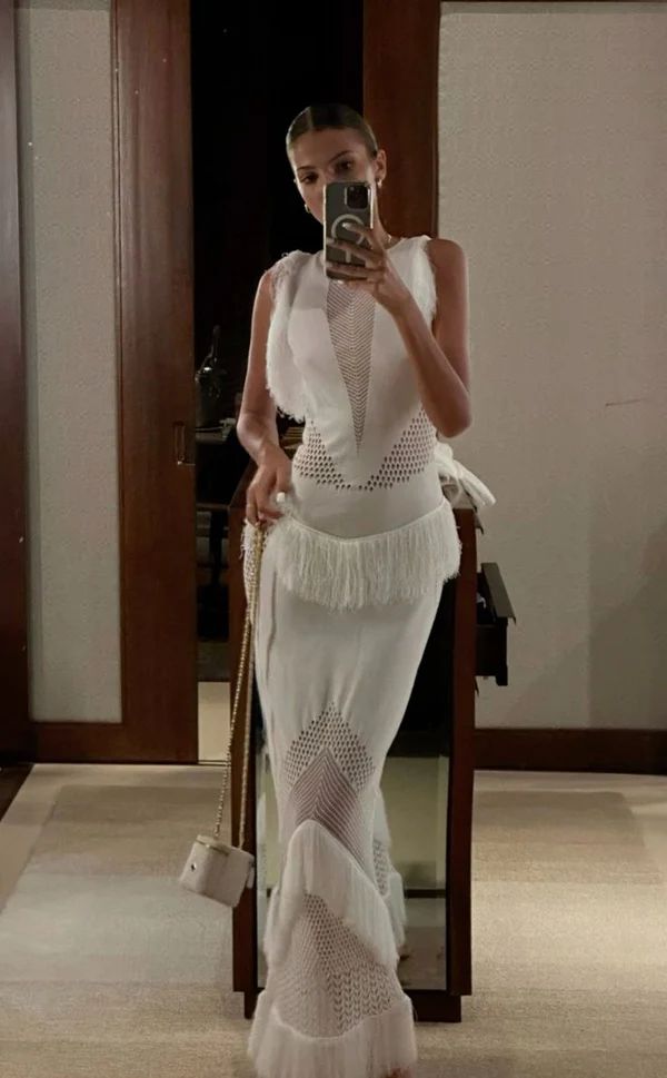 Weißes, modisches, geflochtenes, Quasten-langes, schmal geschnittenes Abendkleid, Partykleid nv2893