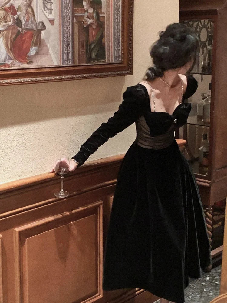 Schwarzes modisches, elegantes Samtkleid für Damen, Vintage, langärmelig, Abend- und Partykleid, Midikleid, Herbst-Winterkleid, Ballkleid, Statuettenkleid, um zu beeindrucken, nv2571
