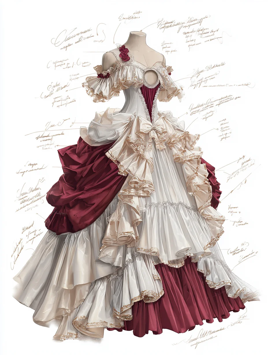 Rococo Victorian Off Shoulder Tiered Ruffle Ball Gown, Ivory Burgundy Prom Dress NV7403