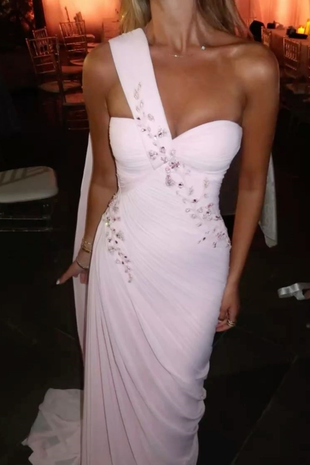 Robe de soirée longue en mousseline de soie, décolleté en cœur, élégante et rose, à fleurs, épaules dénudées, nv5217