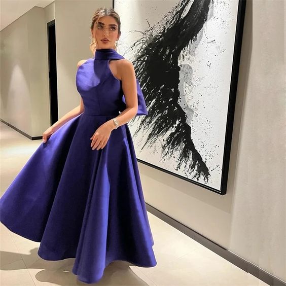 Lila trägerloses einfaches Neckholder-Abendkleid mit Schleife, langes Ballkleid, nv2743