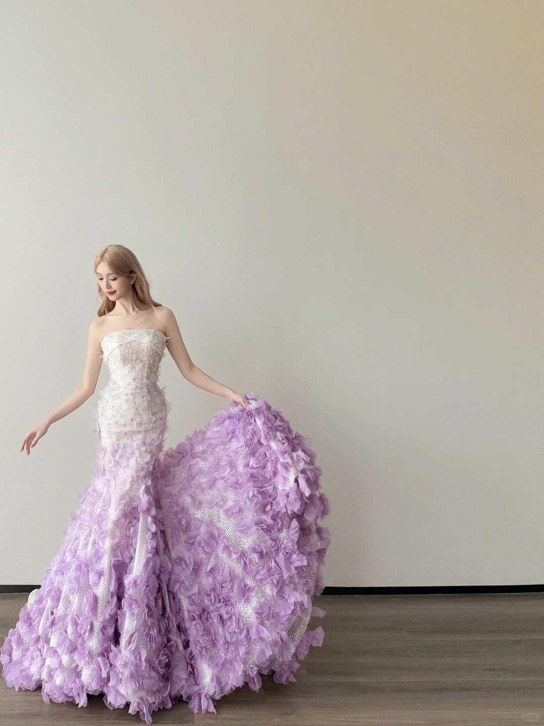 Lavender Ombre Strapless Mermaid Prom Dress 3D Flower Petal Train NV7140