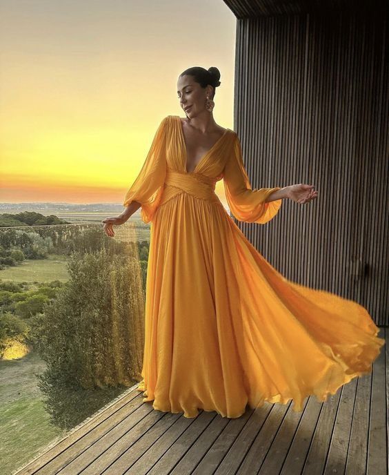 Gelbes V-Ausschnitt schlichtes elegantes langes Ballkleid Partykleid Abendkleid nv2384