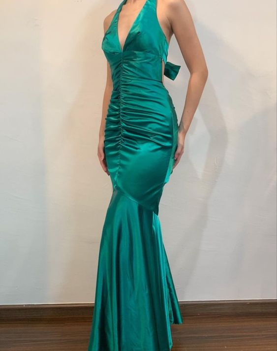 Grün Elegant Sexy Schlank V-ausschnitt Hosenträger Meerjungfrau Fischschwanz Lange Tanz Abendkleid Party Kleid nv2739