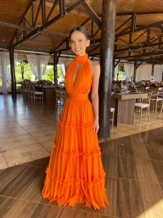 Robe de soirée longue fluide en mousseline de soie orange élégante nv2246