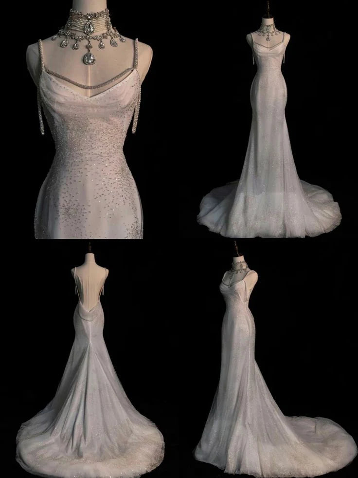 Weiße Strass-Träger glänzende Pailletten modisches und elegantes langes Ballkleid Abendkleid Verlobungskleid nv3128