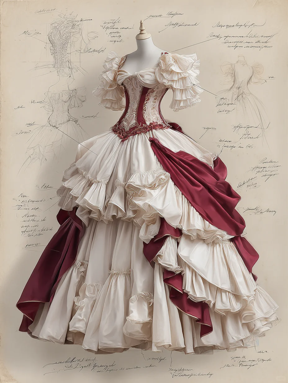 Ivory Burgundy Rococo Victorian Sweetheart Corset Tiered Ruffle Ball Gown NV7407