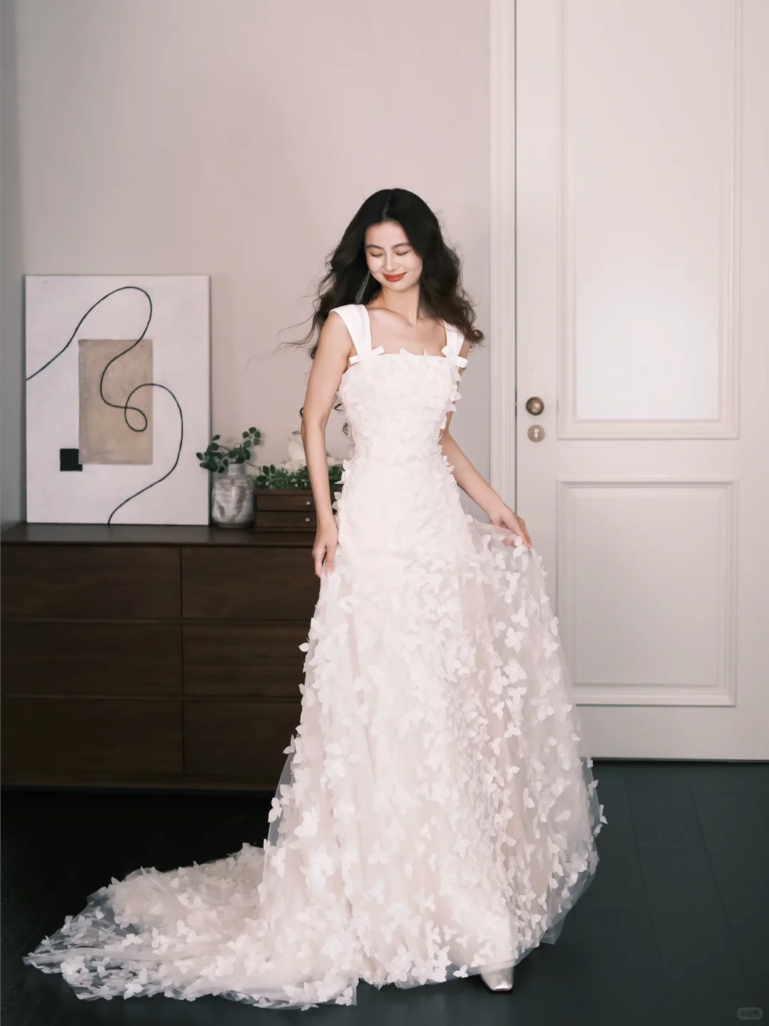 3D Floral Tulle Wedding Dress Square Neck Wide Strap NV7316