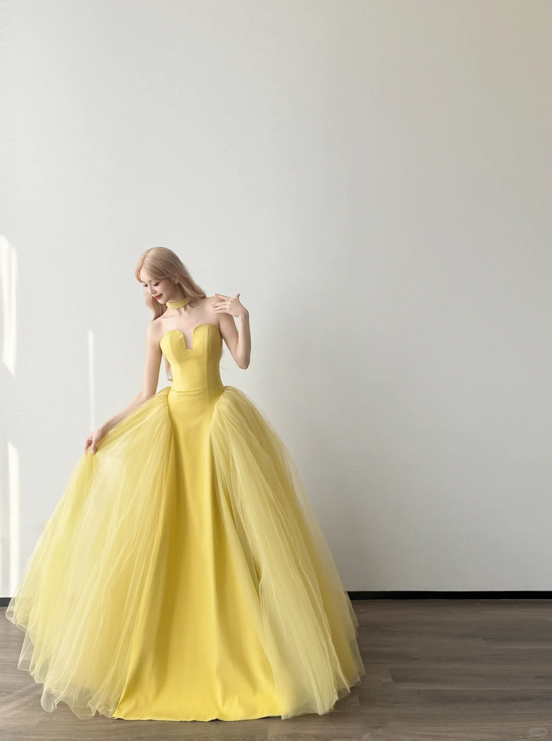 Bright Yellow Strapless Notch V Prom Gown Satin Choker Neck Layered Tulle A Line Evening Dress NV7156