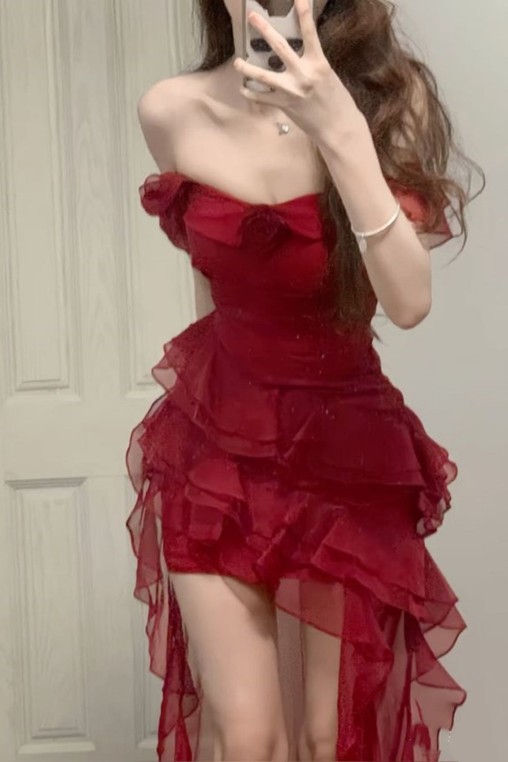 NiceVestidos - Rotes, gerüschtes, kurzes Chiffon-Abendkleid, einzigartig, NV5456