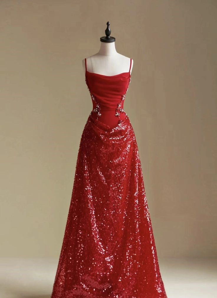 Burgunderrotes, modisches, glänzendes, elegantes, exquisites, perlenbesetztes Spaghettiträger-Abendkleid mit langen Pailletten im Ballkleidstil nv3593