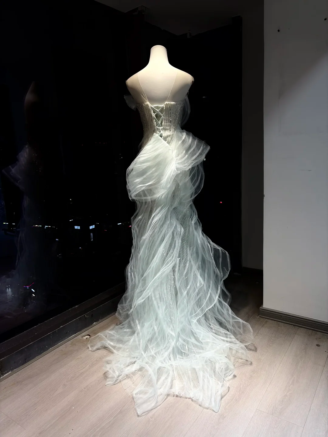 Light Mint Off Shoulder Long Mermaid Formal Gown Hand Beaded Ruffle Tulle Evening Dress NV6959
