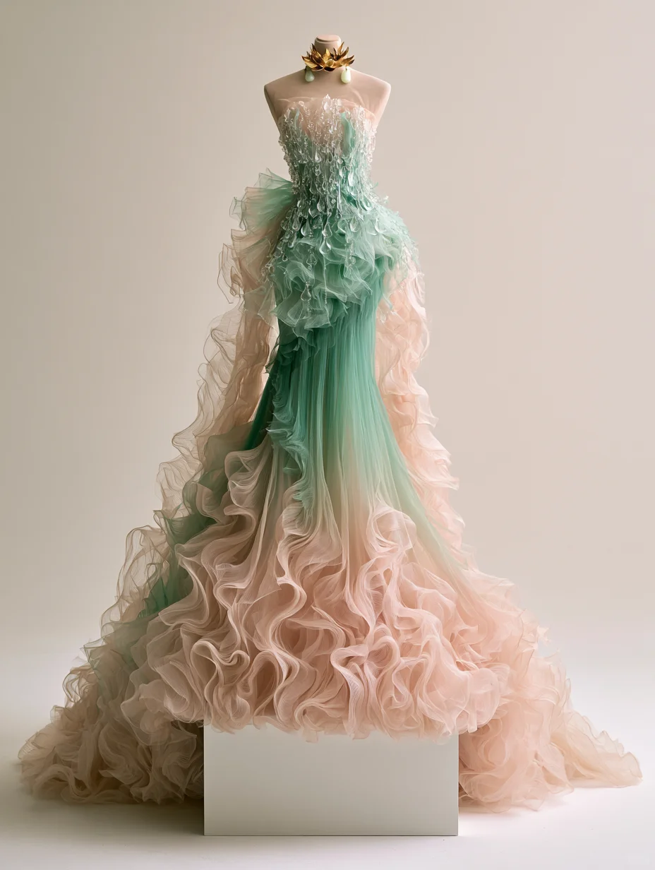 Mint Green Peach Pink Gradient Strapless Crystal Beaded Mermaid Gown NV7479