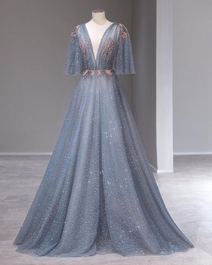 Wunderschönes, exquisites, florales Abendkleid in Blau mit V-Ausschnitt, A-Linie, Pailletten, langem Tüll, elegant, bodenlang, Ballkleid, nv3813
