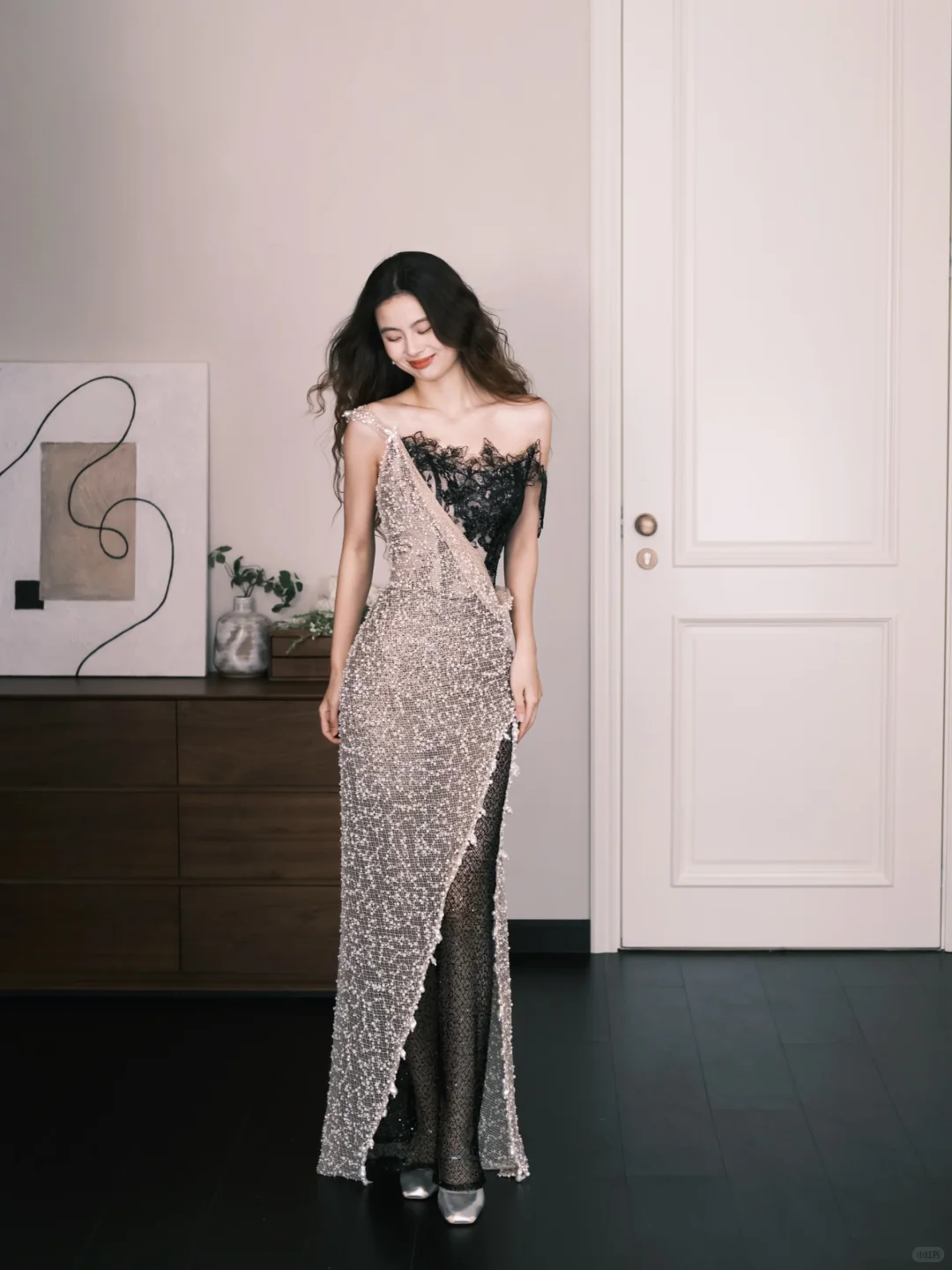 One Shoulder Black Lace Sequin Prom Dress, High Slit Mermaid Evening Gown NV7331