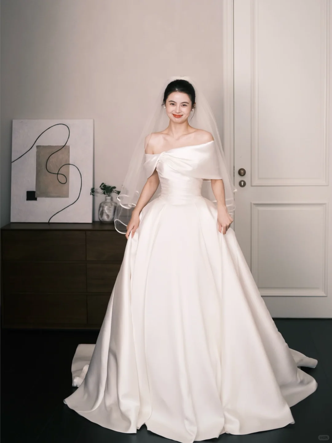 Off Shoulder Twist Ruched Satin Wedding Dress with Long Train NV7376