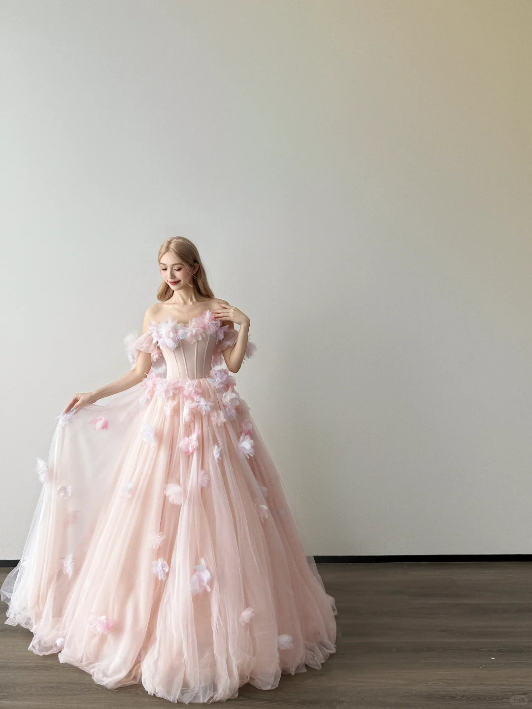 Off Shoulder Blush Pink Tulle Ball Gown 3D Floral Prom Dress NV7125
