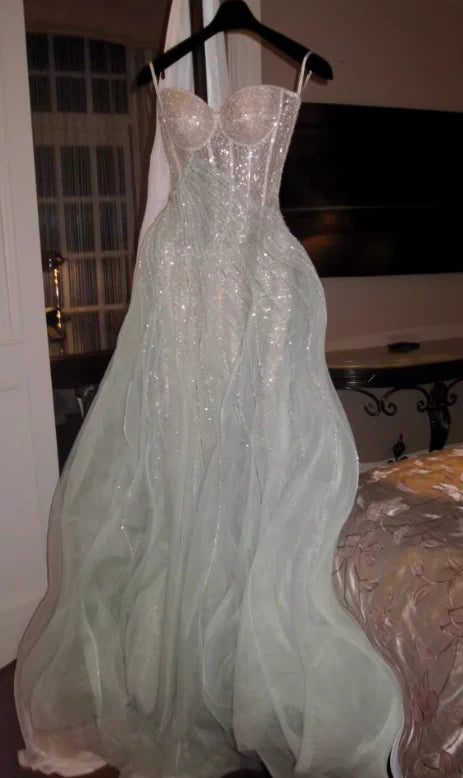 Rosa Grün Glänzende Pailletten Spaghetti-Trägern Mode Elegante Lange Tüll Ballkleid Abendkleid nv3125