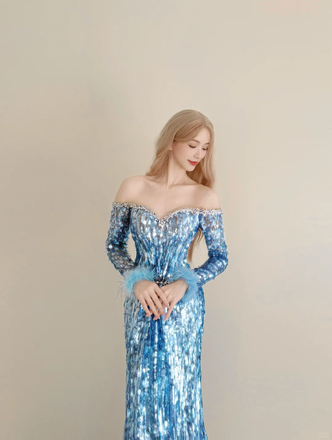 Ice Blue Sequin Off Shoulder Mermaid Prom Gown Long Sleeve Feather Formal Dress NV7170