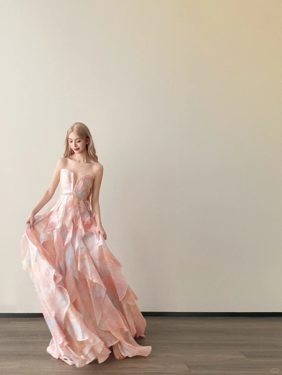 Strapless Watercolor Pink Prom Gown Beaded Waist Tiered Ruffle Shimmer Organza Evening Dress NV7151