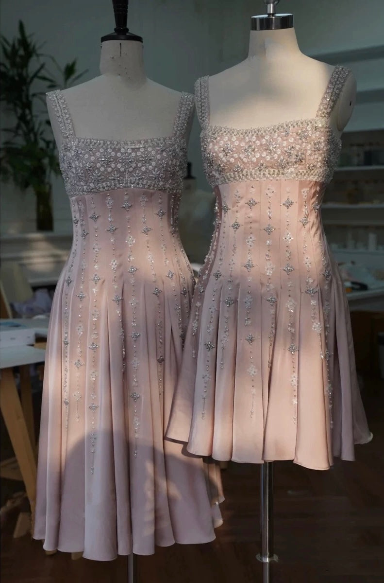 Rosa stylisches elegantes Schultergurt exquisite handgemachte Perlen langes/kurzes Satin bodenlanges Ballkleid, Abendkleid, Partykleid, Homecoming-Kleid nv3693