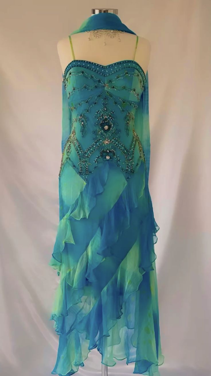 Robe de soirée courte en mousseline de soie, dégradé bleu brillant, magnifique, style rétro, perles de pierres précieuses exquises, longueur cheville, à volants, NV5709