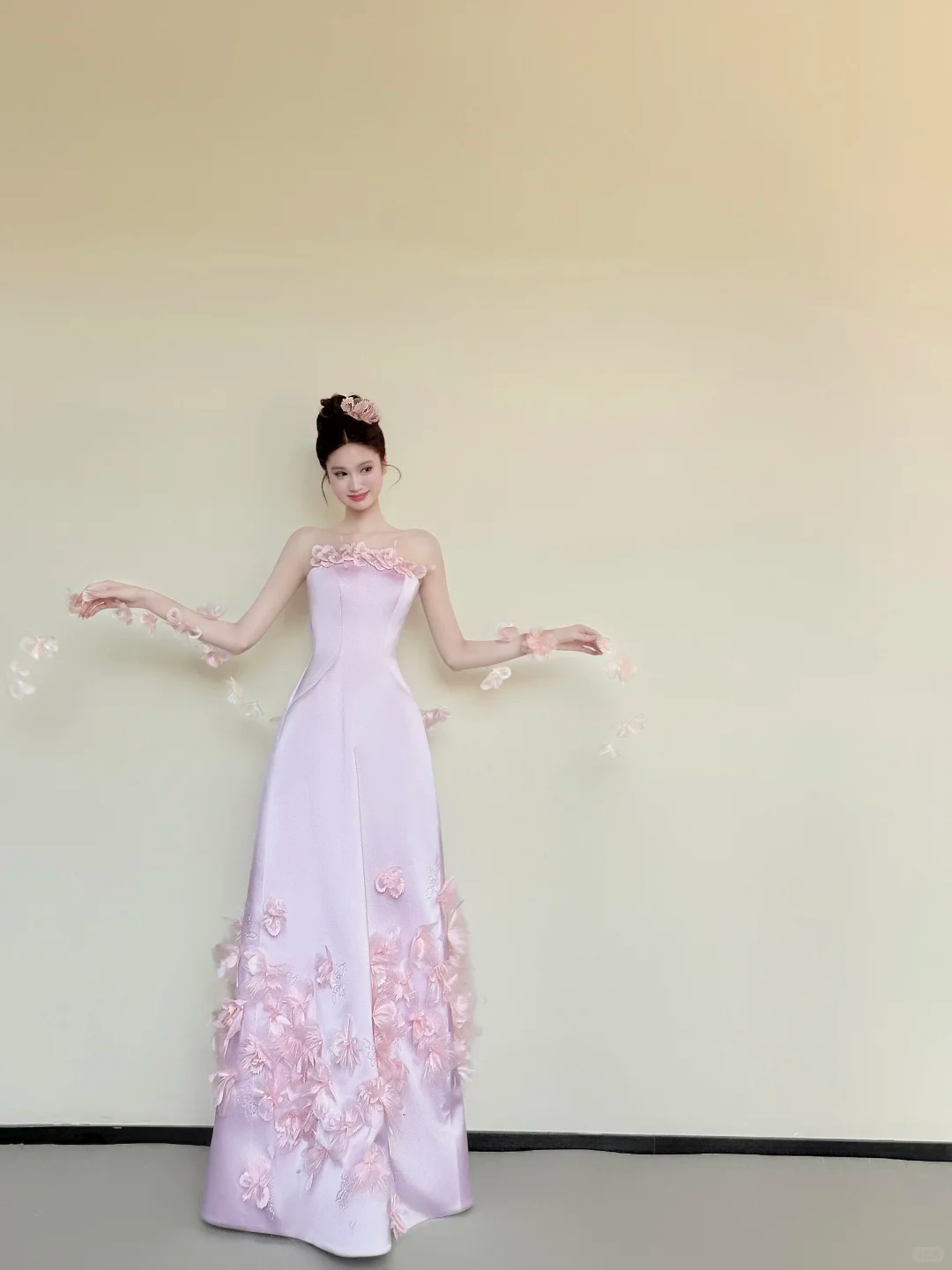 Light Pink Strapless Satin Prom Dress with 3D Floral Appliques, A-Line Long Evening Gown NV7438