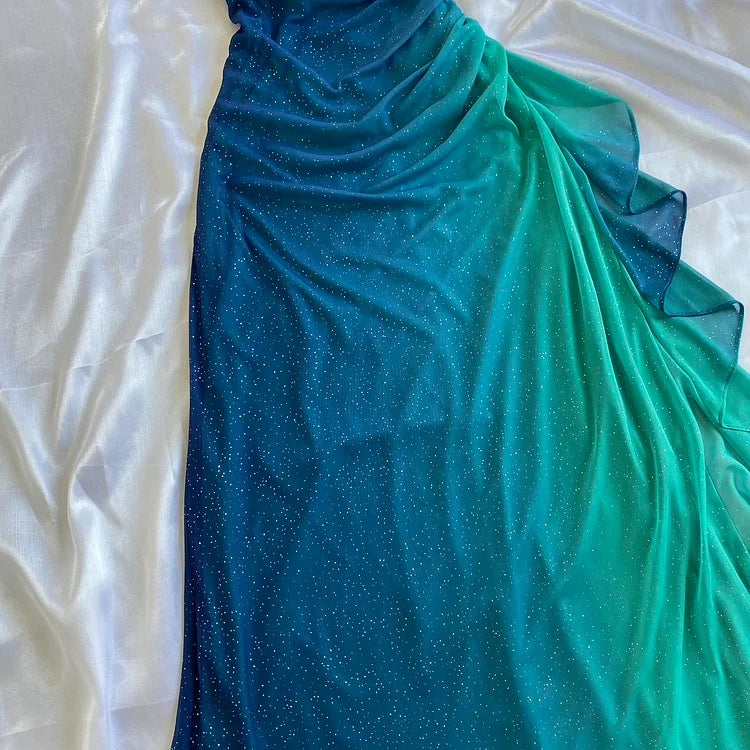 Blau glänzend mode gradienten elegante spaghetti-trägern lange chiffon elegante ballkleid abendkleid partykleid nv3682