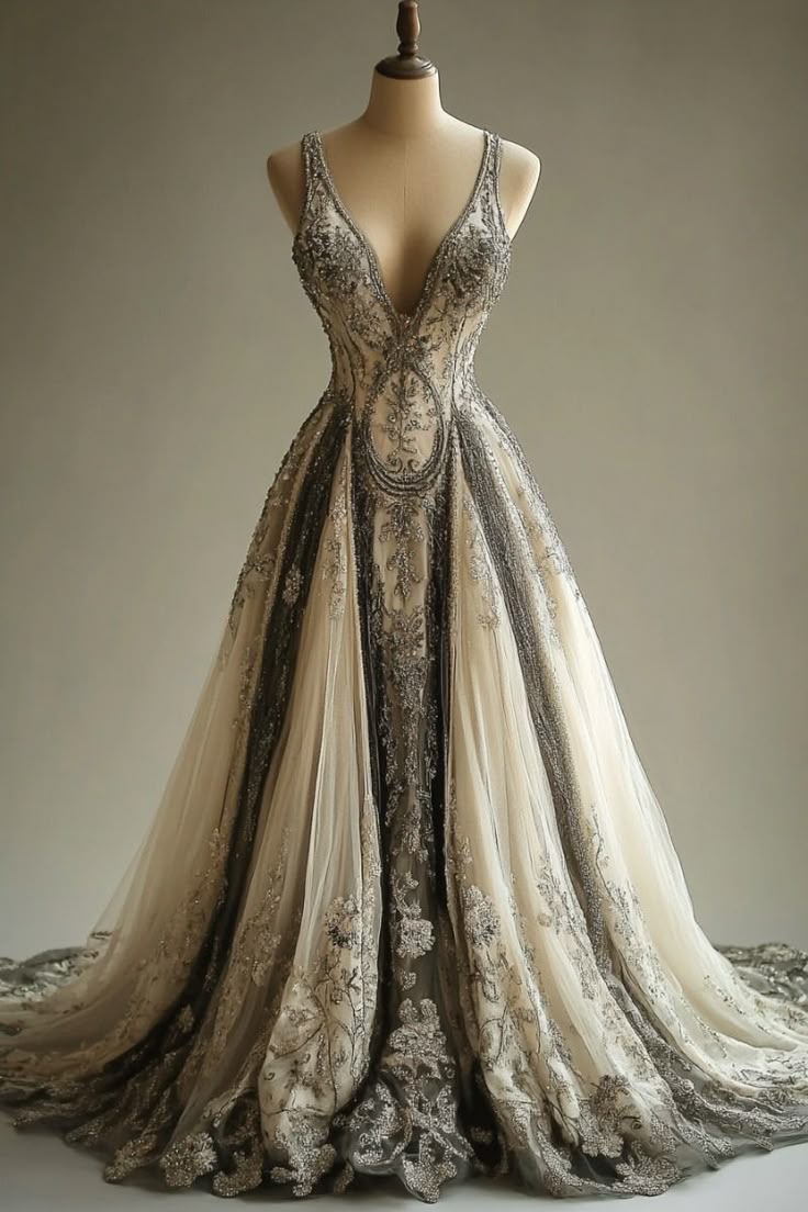 Robe longue en tulle dégradé gris-nude NiceVestidos, bretelles spaghetti, broderies perlées, traîne NV6209