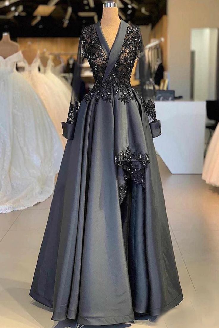 Dunkelgraues Vintage-Spitzenkleid mit exquisiter Perlenverzierung, langärmliges langes Satin-Abschlussballkleid, Abendkleid, Partykleid nv3607