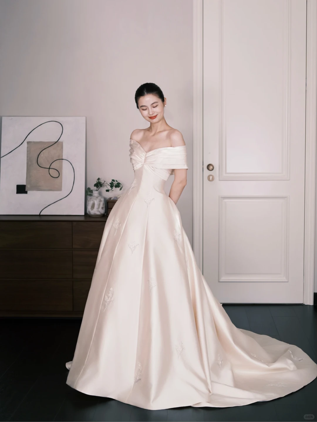 Off Shoulder Satin Ballgown Wedding Dress, Ivory Embroidered Bridal Gown NV7285