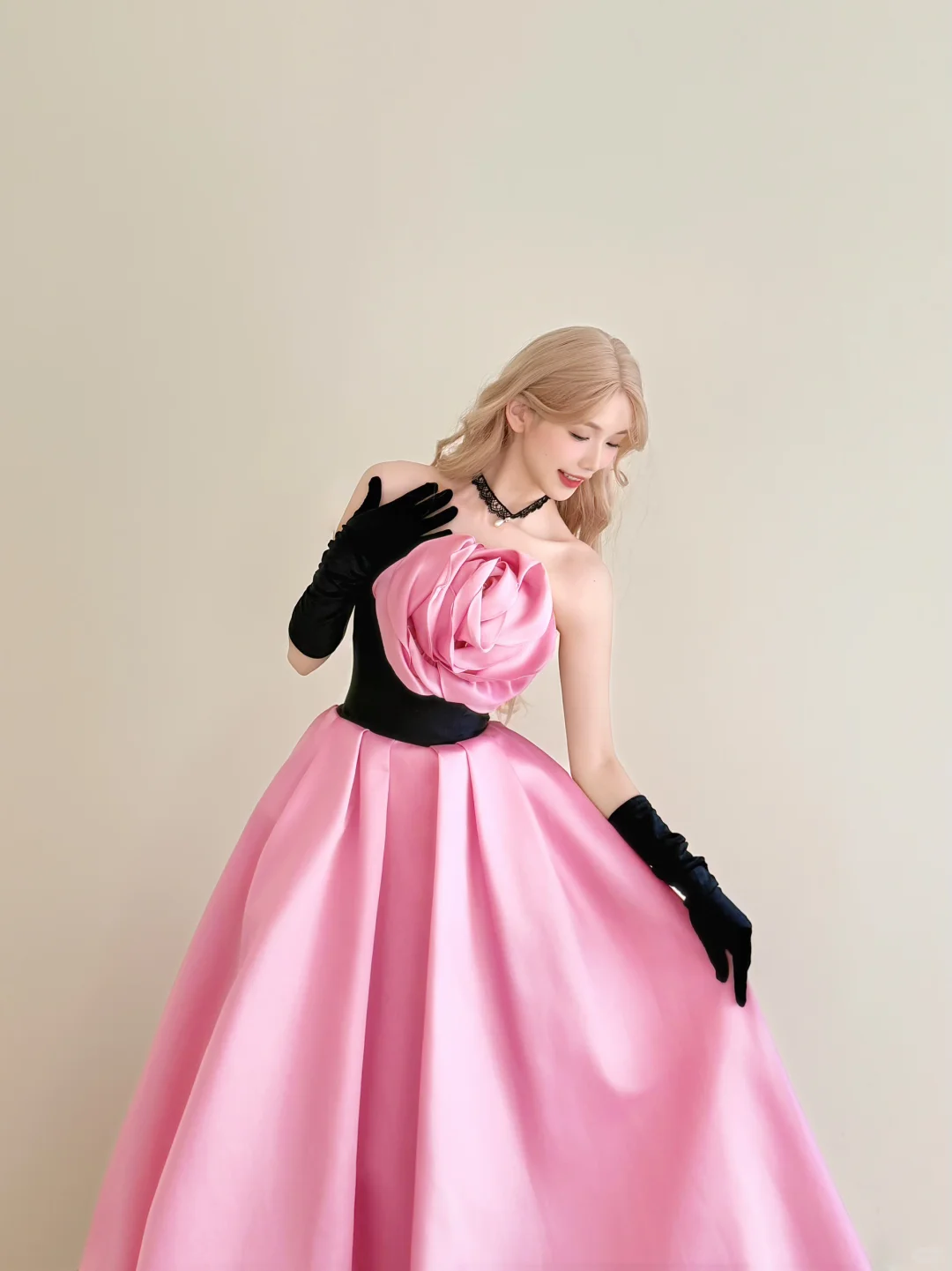 Black Pink Strapless Satin Ball Gown 3D Rose Prom Dress NV7174