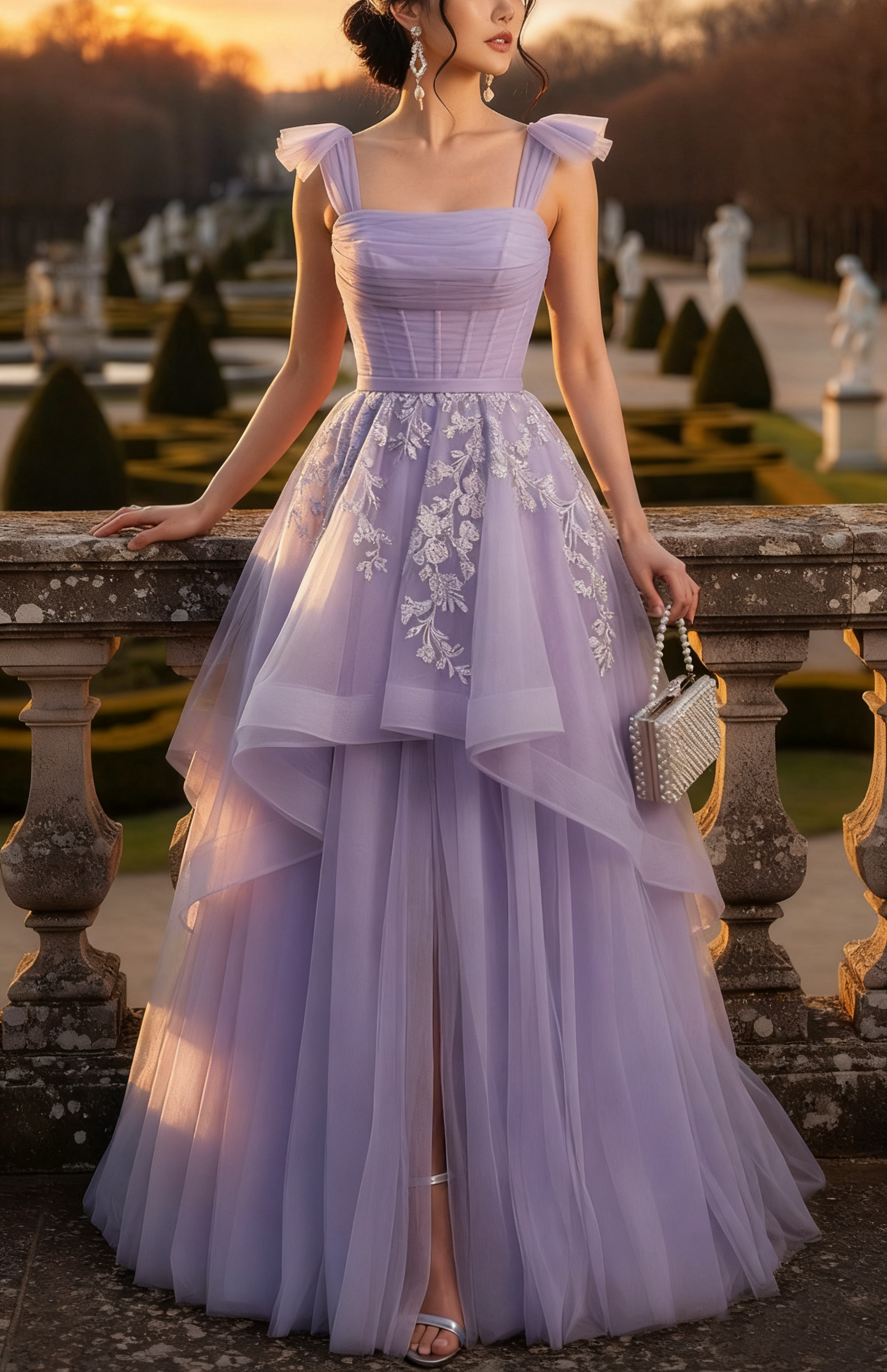 Französisches Märchenkleid im süßen Stil mit eckigem Ausschnitt und Spaghettiträgern | Lavendelfarbenes, besticktes Tüll-Maxikleid mit Schlitz für Verlobung, Gartenparty, NV6286