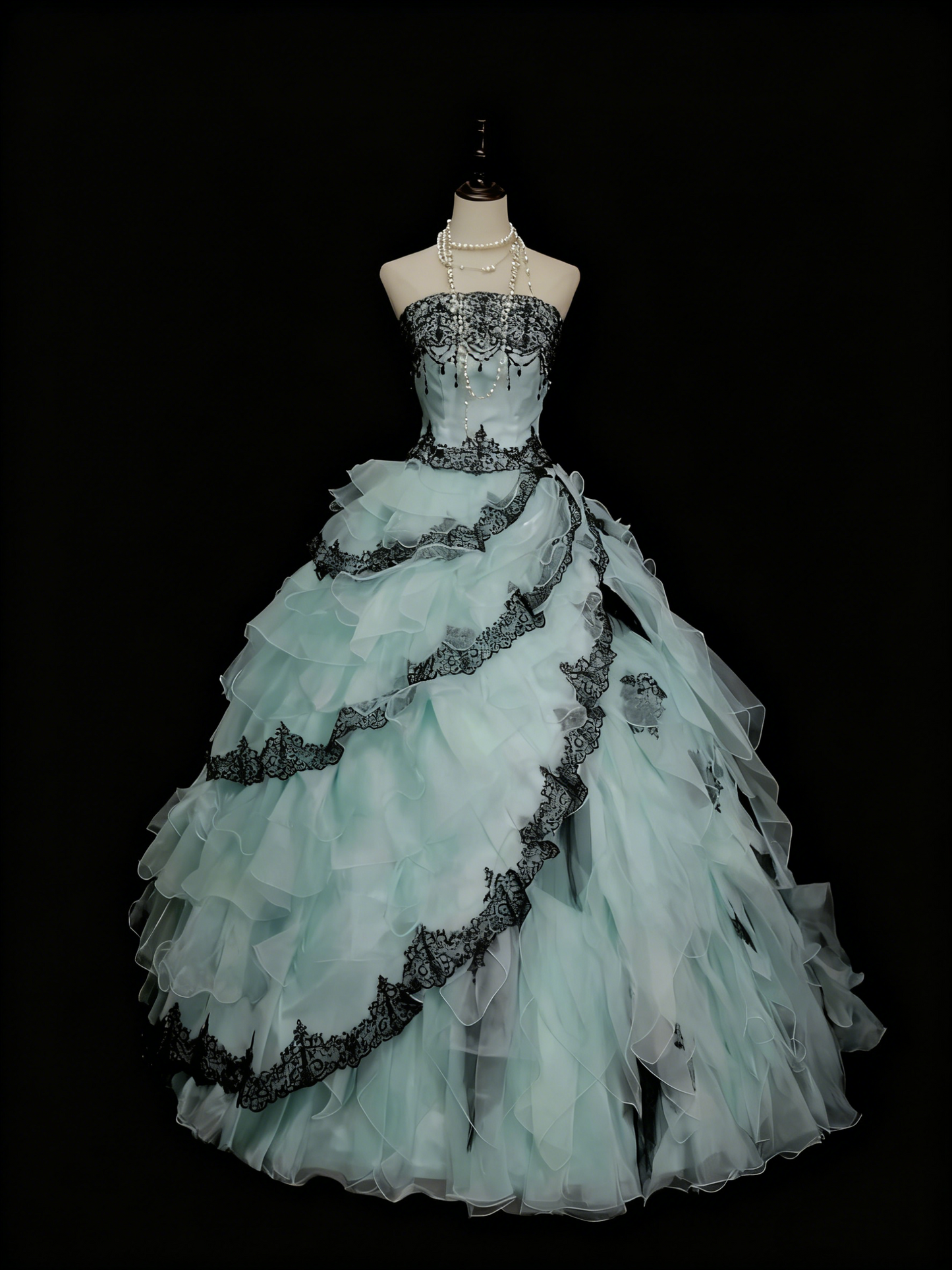 NiceVestidos – Mintgrünes, schwarzes, trägerloses, ärmelloses, bodenlanges Vintage-Abendkleid mit Spitzeneinsätzen NV6205