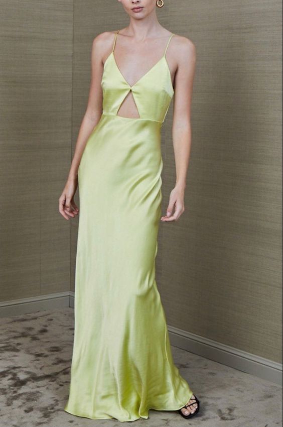 Gelbgrünes Spaghettiträger-Satin-Ballkleid, Abendkleid, Partykleid, nv1849
