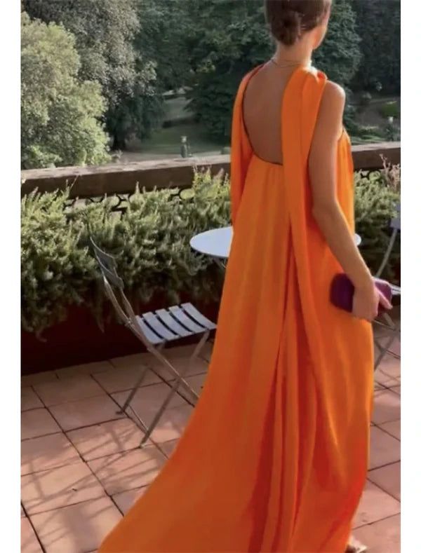 Orange Sexy A-Linie Schulterfrei Chiffon Fließendes Langes Ballkleid Abendkleid Partykleid nv2335